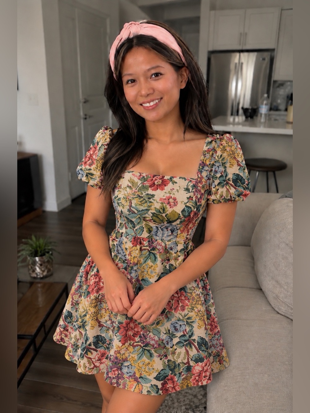 SHEIN Multi Floral Square Neck Puff Sleeve Mini Dress